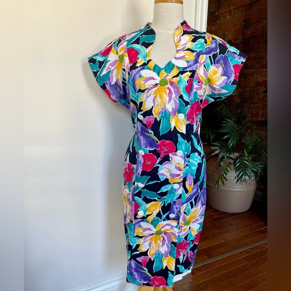 Vintage Floral Linen Cotton Summer Dress - Picture 1 of 6